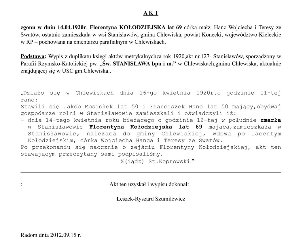 akt19200414 zgonu Florentyna Kołodziejska